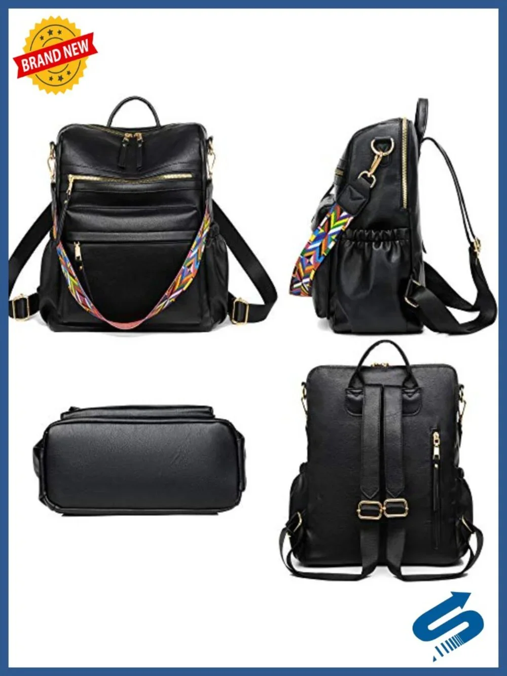 PU Leather Travel Backpack with Multiple Pockets, U-Shaped Zipper, Detachable